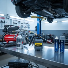 Workshop with underbody treatment equipment